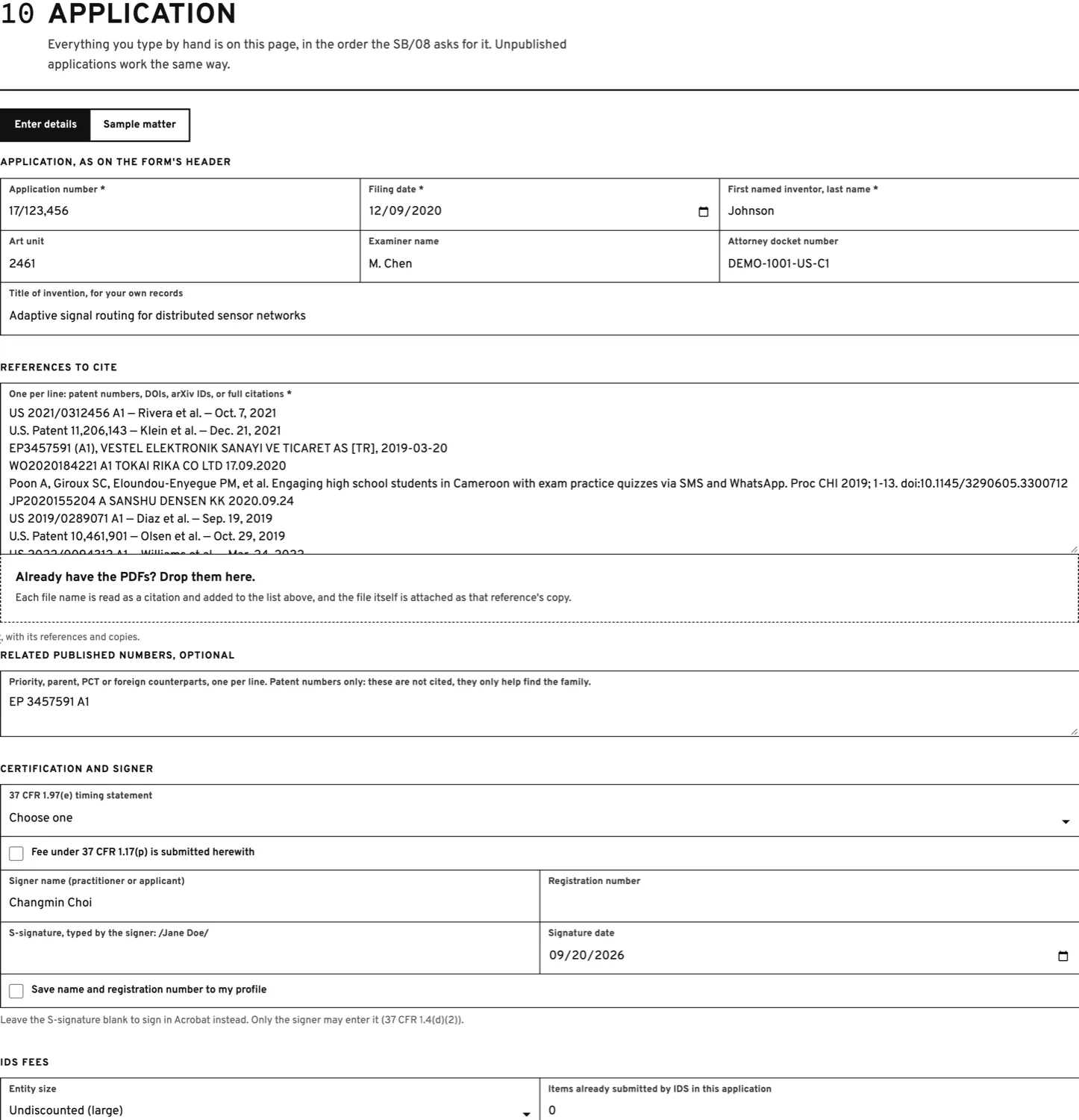 Stage 10: the application header fields in the form's order, the references box, the drop zone for PDFs, related numbers, the certification block and the fee inputs.