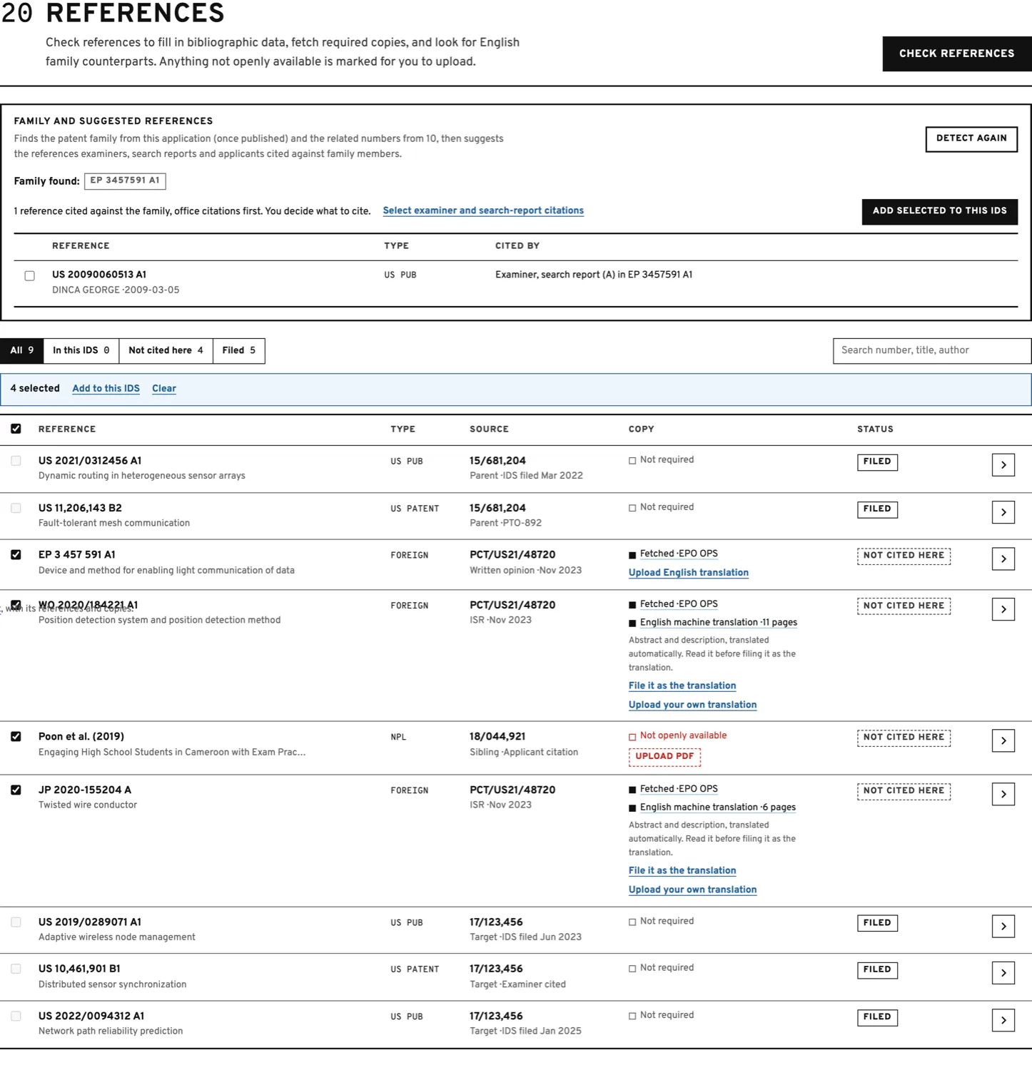 Stage 20: the reference table with copy states, and the family panel listing suggested references with who cited them.