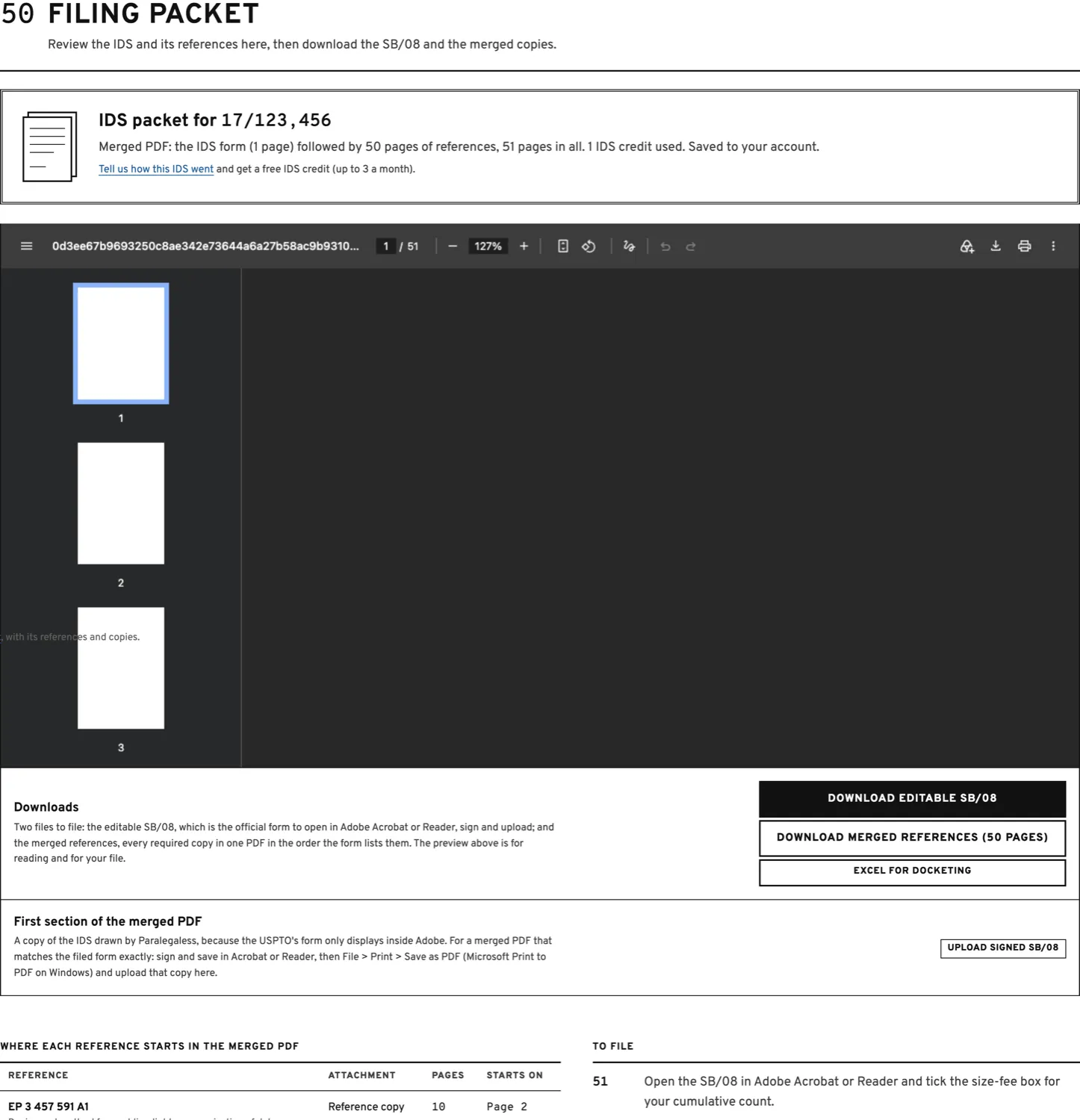Stage 50: the SB/08 card with its download beside the merged reference copies and their preview.